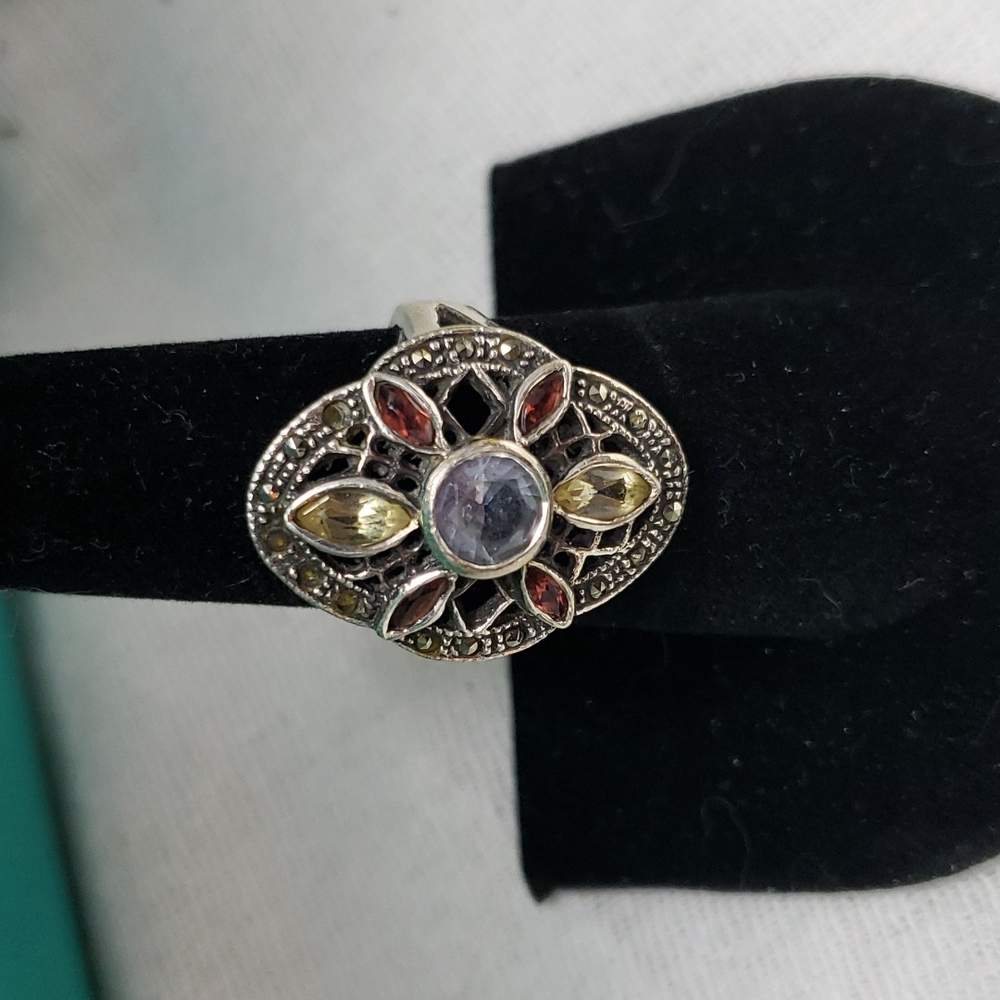 Vintage Sterling Silver Marcasite & Gem Stone Ring